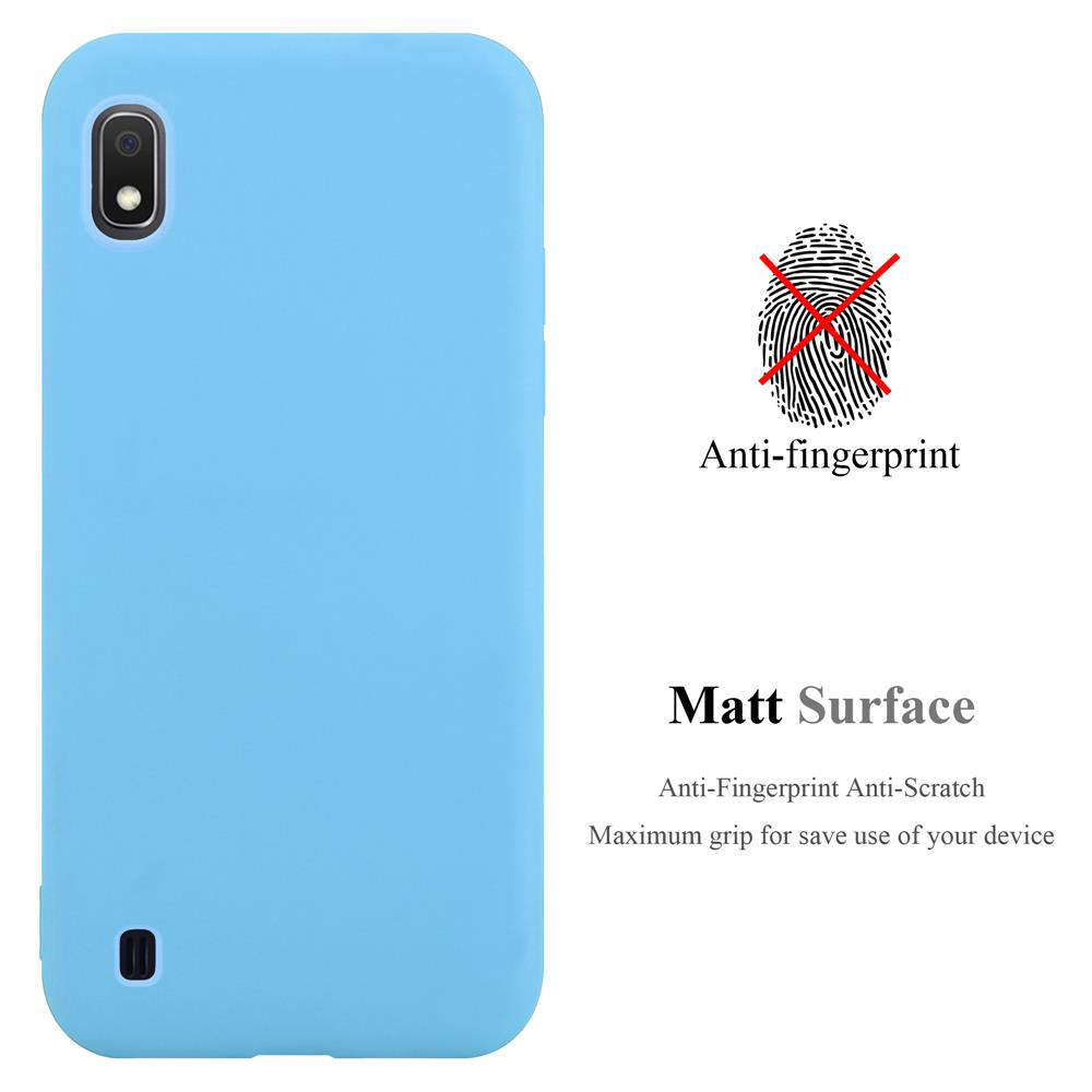 Hellblaue Handyhülle mit Handy. Anti-Fingerabdruck und matte Oberfläche.