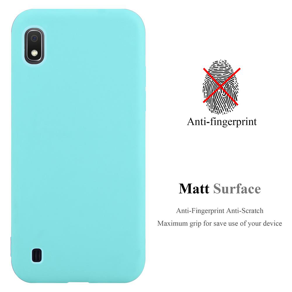 Eine hellblaue Handyhülle mit Anti-Fingerabdruck und matter Oberfläche sowie einem Fingerabdrucksymbol.