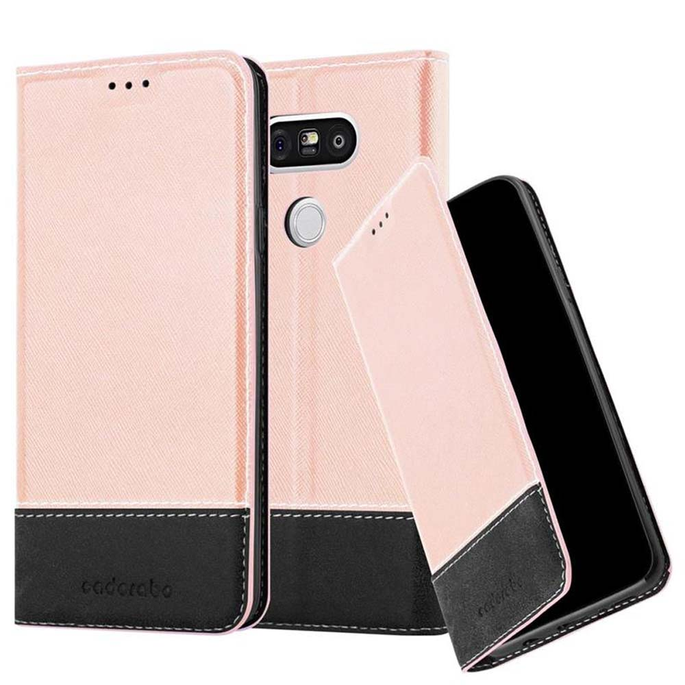 Funda rosa y negra con teléfono dentro. Vista abierta y cerrada. Marca 'cadorabo' visible.