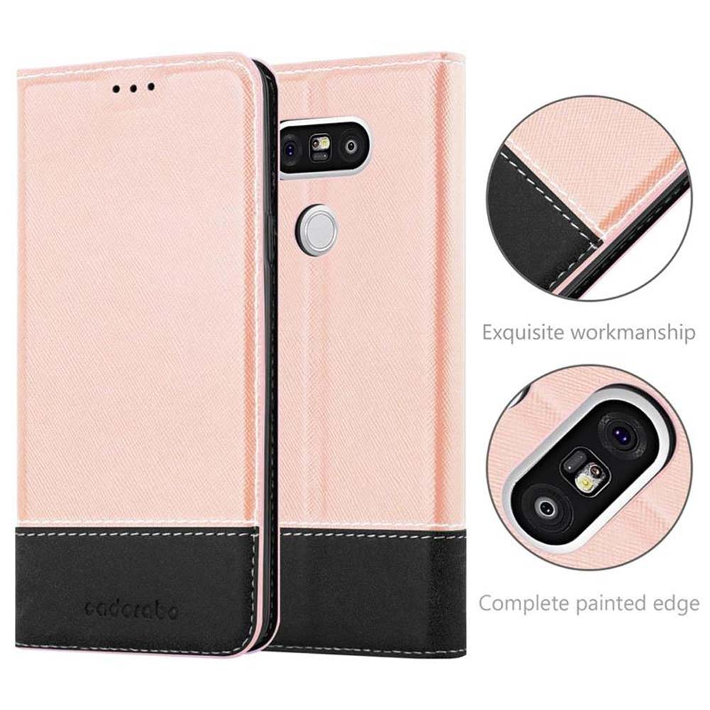 Funda rosa y negra abierta, mostrando el teléfono. Detalles de la funda.
