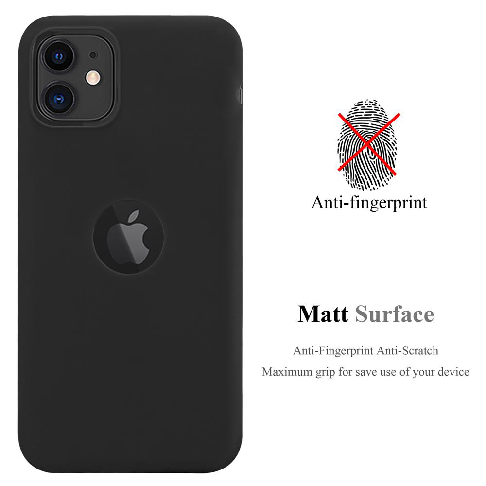 Custodia per telefono nera con logo Apple e testo resistente alle impronte digitali su sfondo bianco.