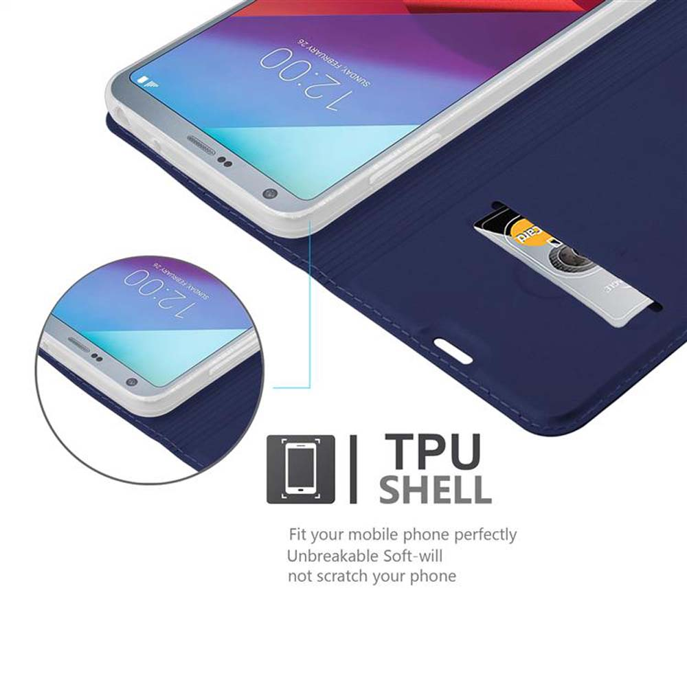 Un telefono è in una custodia blu navy con una protezione per lo schermo e uno slot per carte di credito.