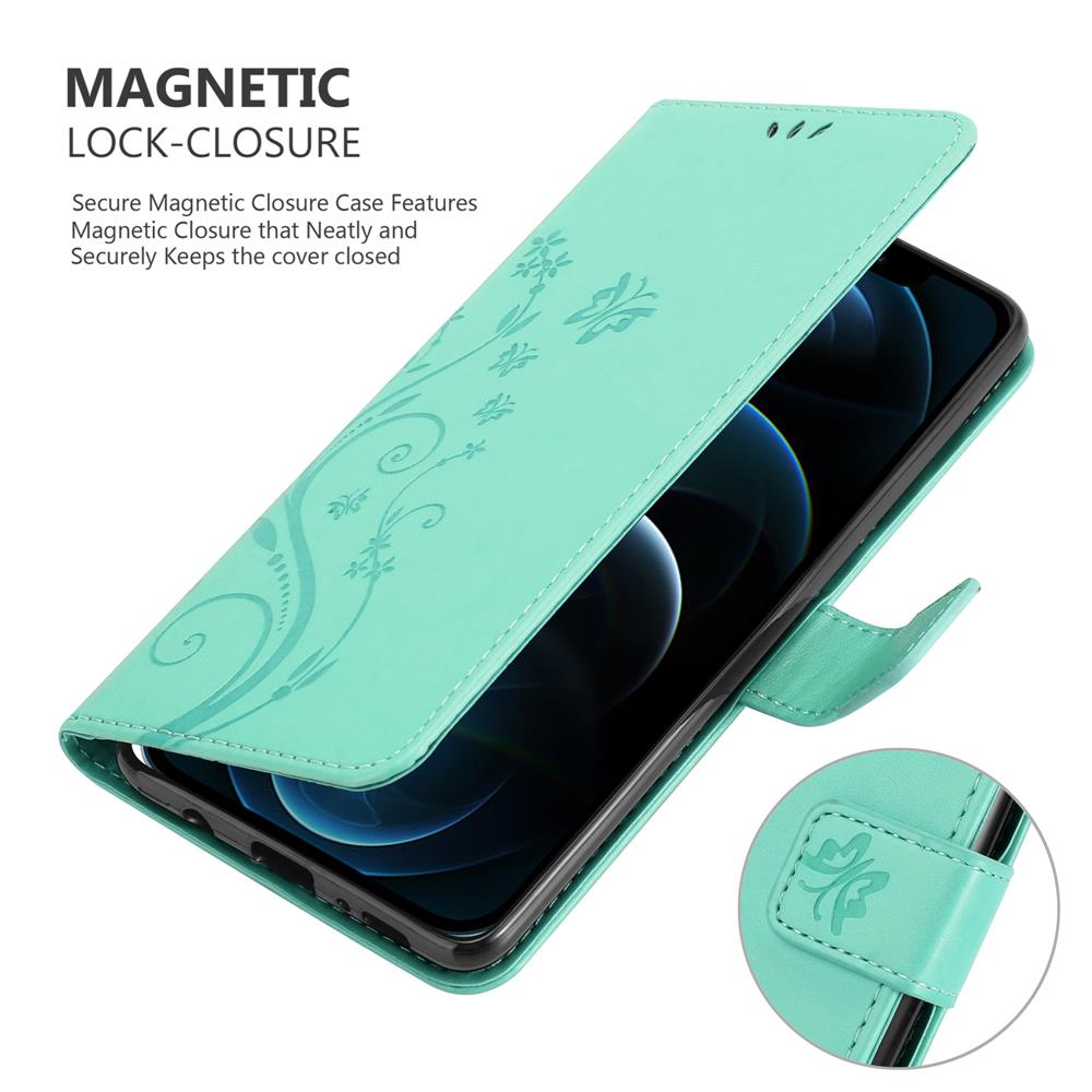 Custodia per telefono verde acqua aperta con design floreale. Telefono all'interno, chiusura magnetica visibile.