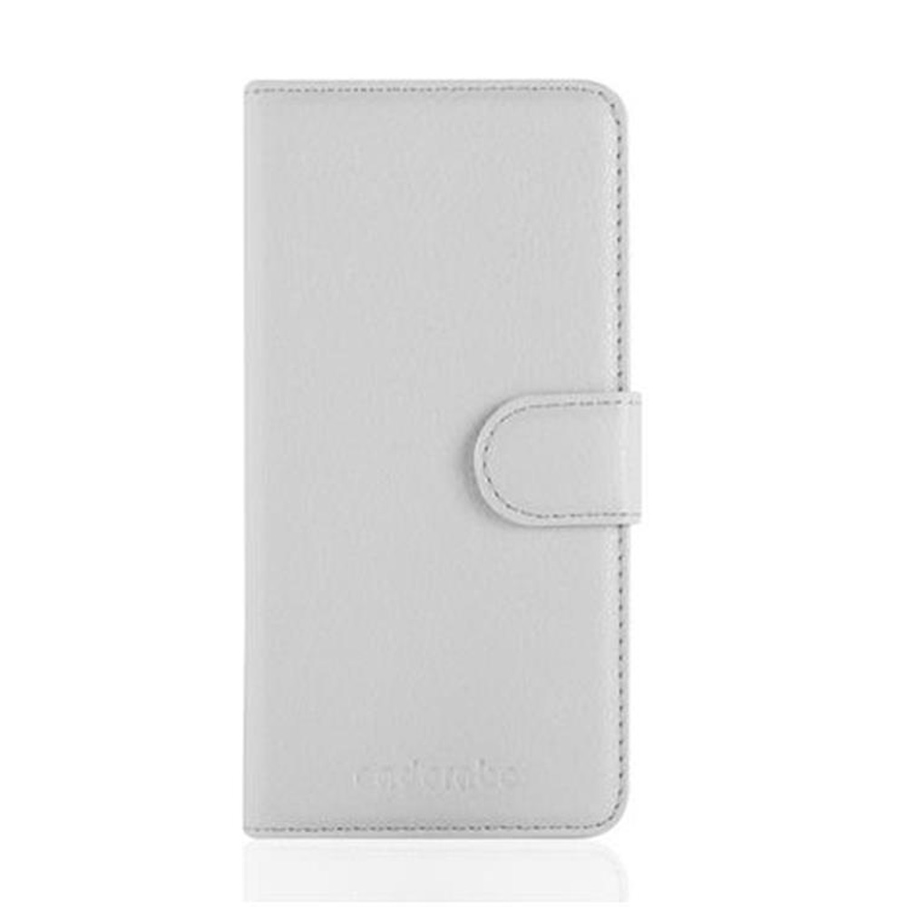 Una custodia per telefono in pelle bianca con chiusura magnetica.