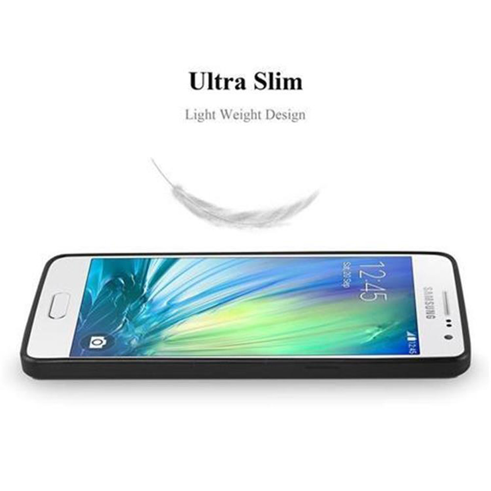 Telefono bianco in una custodia nera. Testo: Ultra Slim, Light Weight Design. C'è una piuma sopra il telefono.