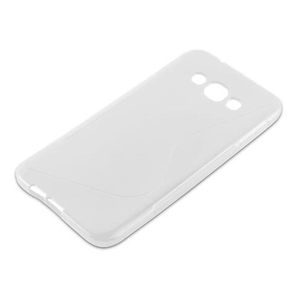 Custodia bianca per telefono. Ha ritagli per fotocamera, flash e pulsanti. La superficie è liscia.