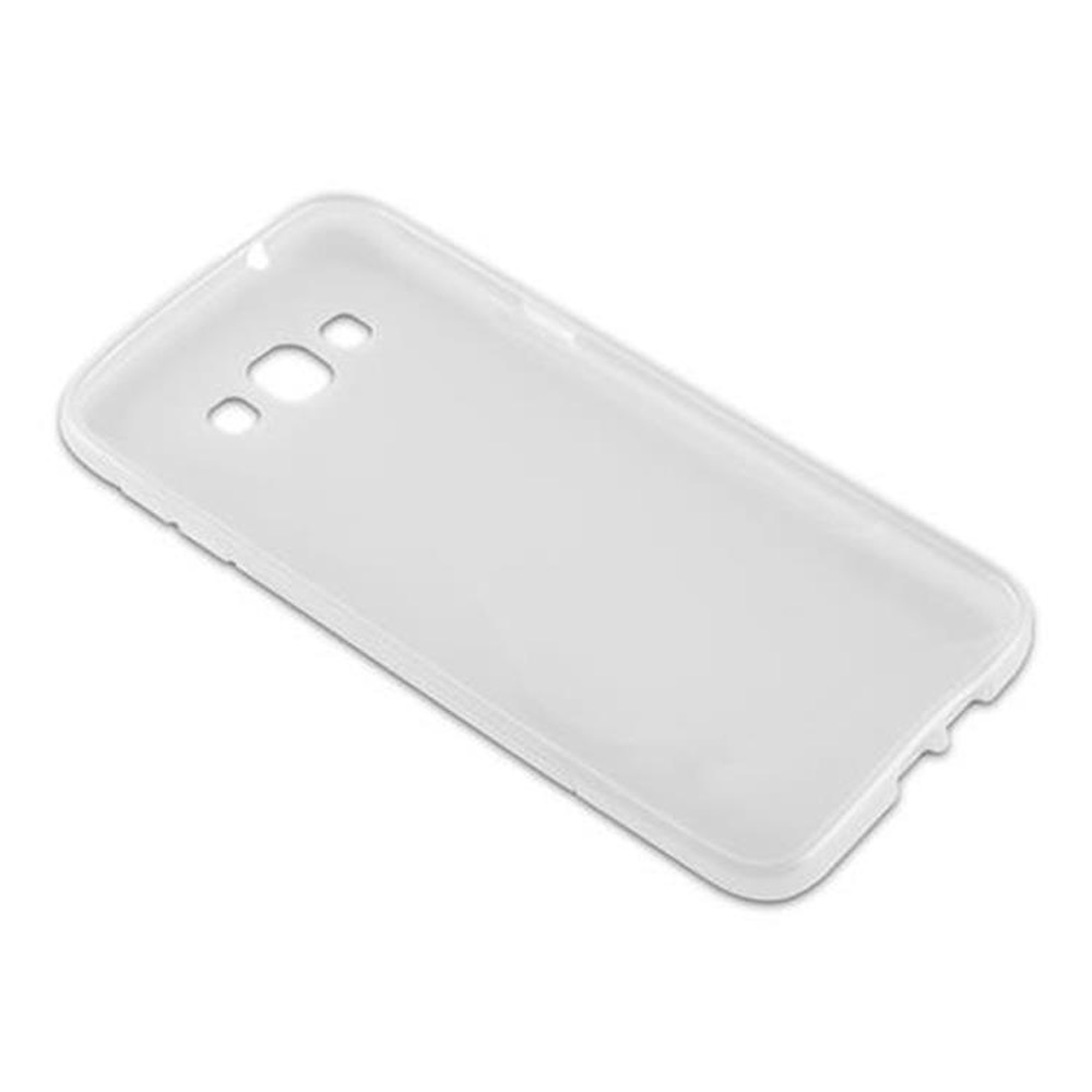 Custodia per telefono bianca, vista posteriore, con fori per fotocamera e altoparlante, su una superficie bianca.