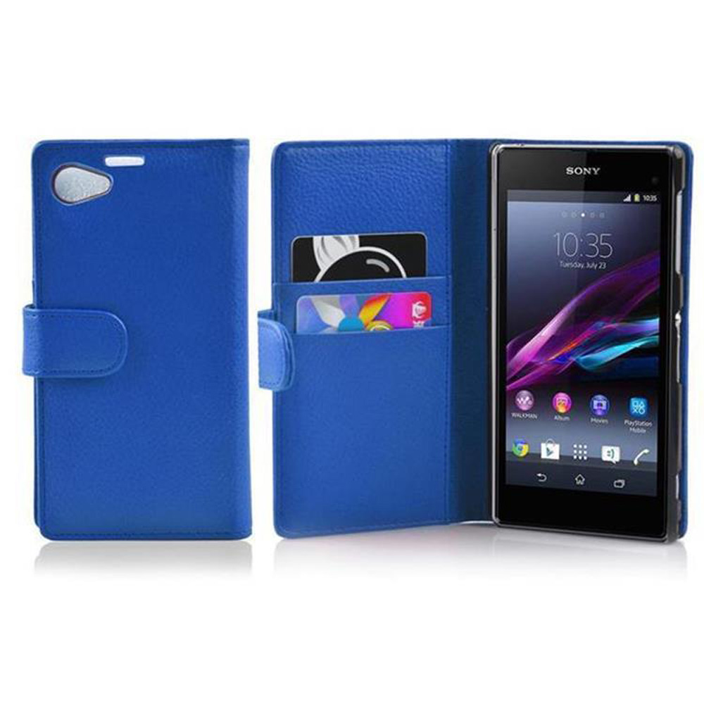 Funda azul para teléfono abierta, mostrando un teléfono con pantalla negra. Contiene tarjetas de crédito y tarjetero.