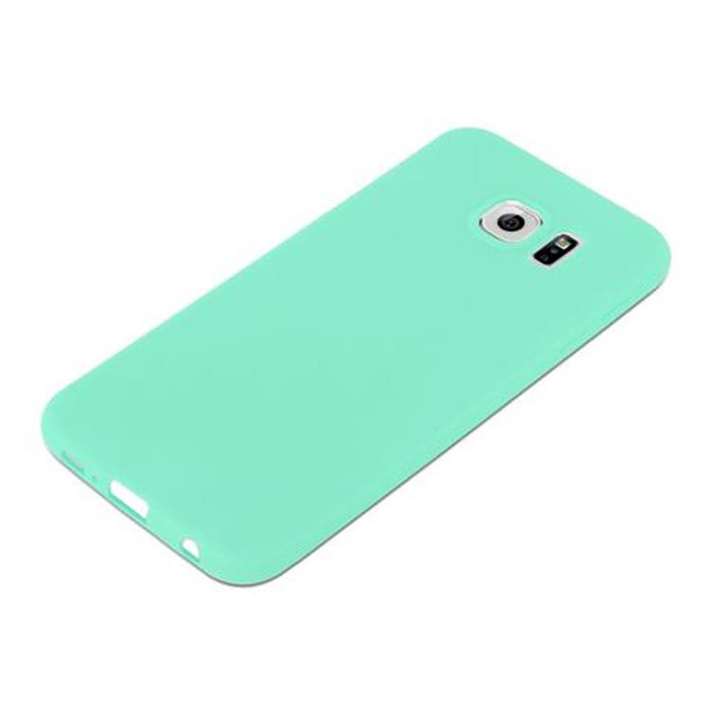 Custodia per telefono verde menta su sfondo bianco. Fotocamera e flash visibili.