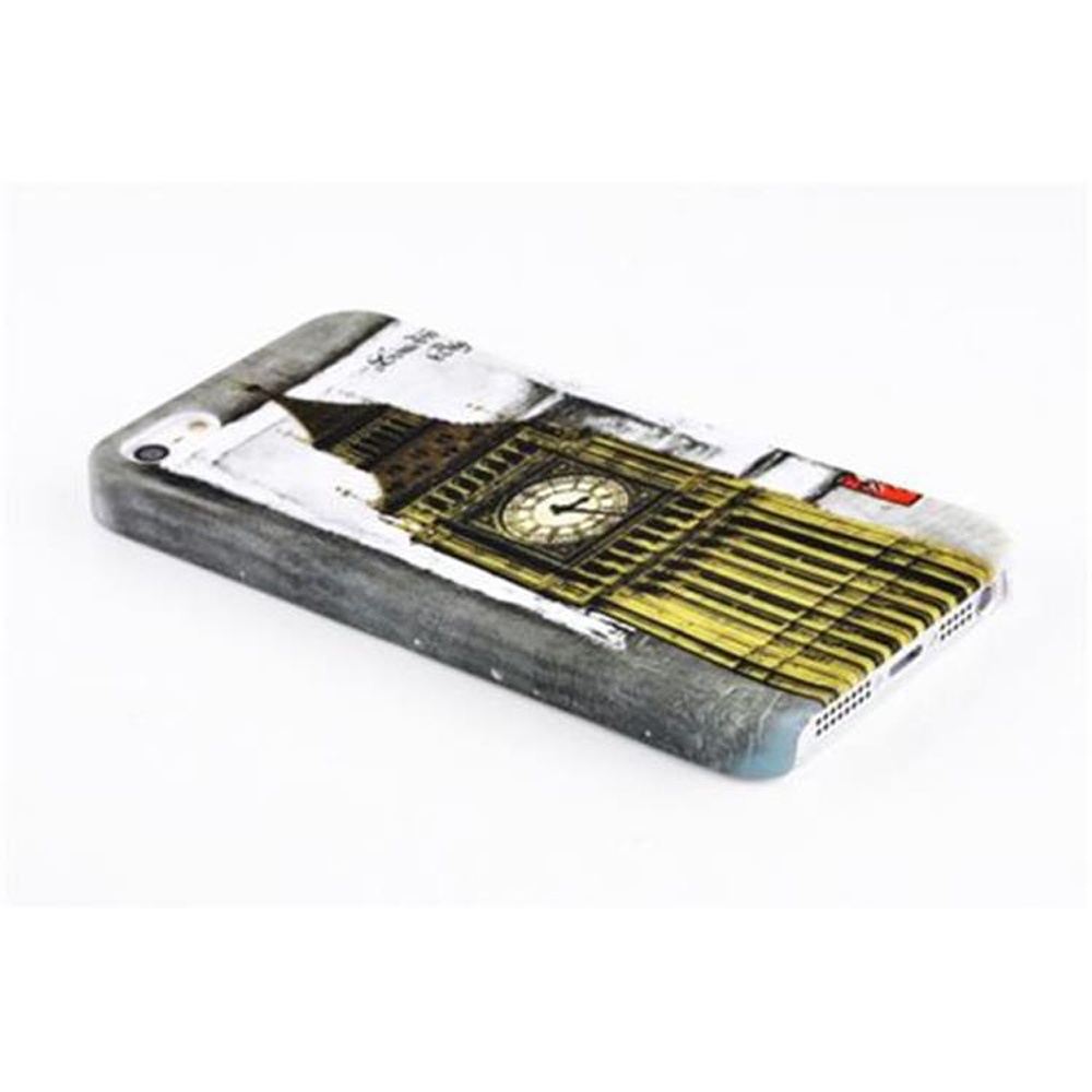 Custodia per telefono con design del Big Ben. Grigia e bianca con quadrante giallo.