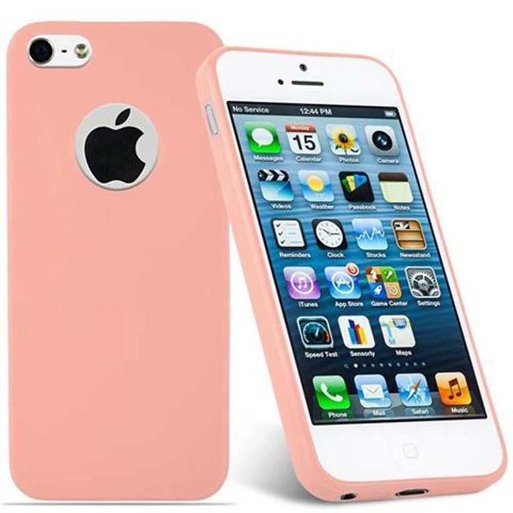 Un teléfono rosa en una funda rosa con el logotipo de Apple en la parte trasera.