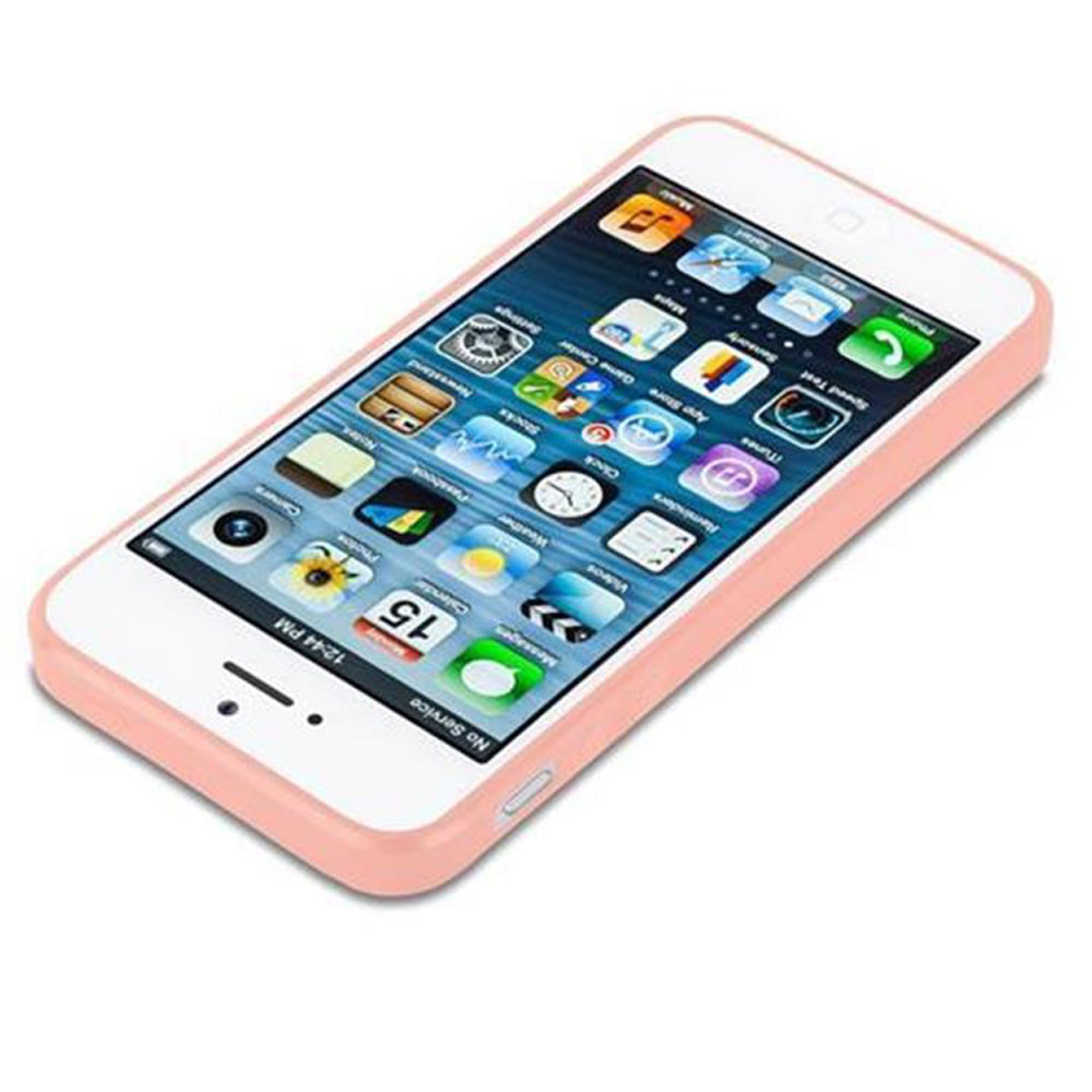 Un teléfono blanco con una funda rosa que muestra la pantalla con aplicaciones.