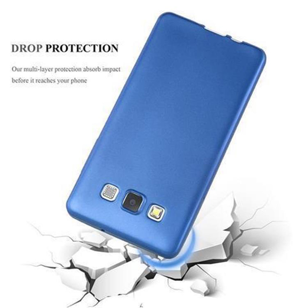 Custodia per telefono blu su sfondo bianco, con forma di telefono e testo.