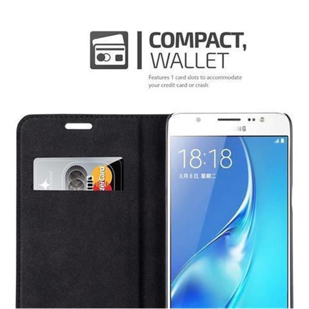 Custodia a portafoglio nera con telefono e fessura per carta di credito. Testo: Compatto, Portafoglio. C'è un telefono dentro.