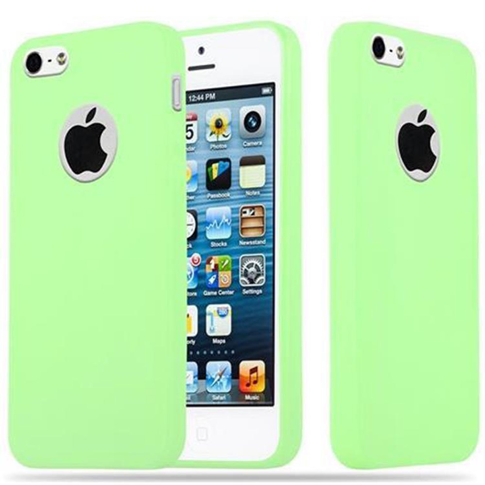 Funda de teléfono verde con logo de Apple, teléfono dentro. Tres vistas.