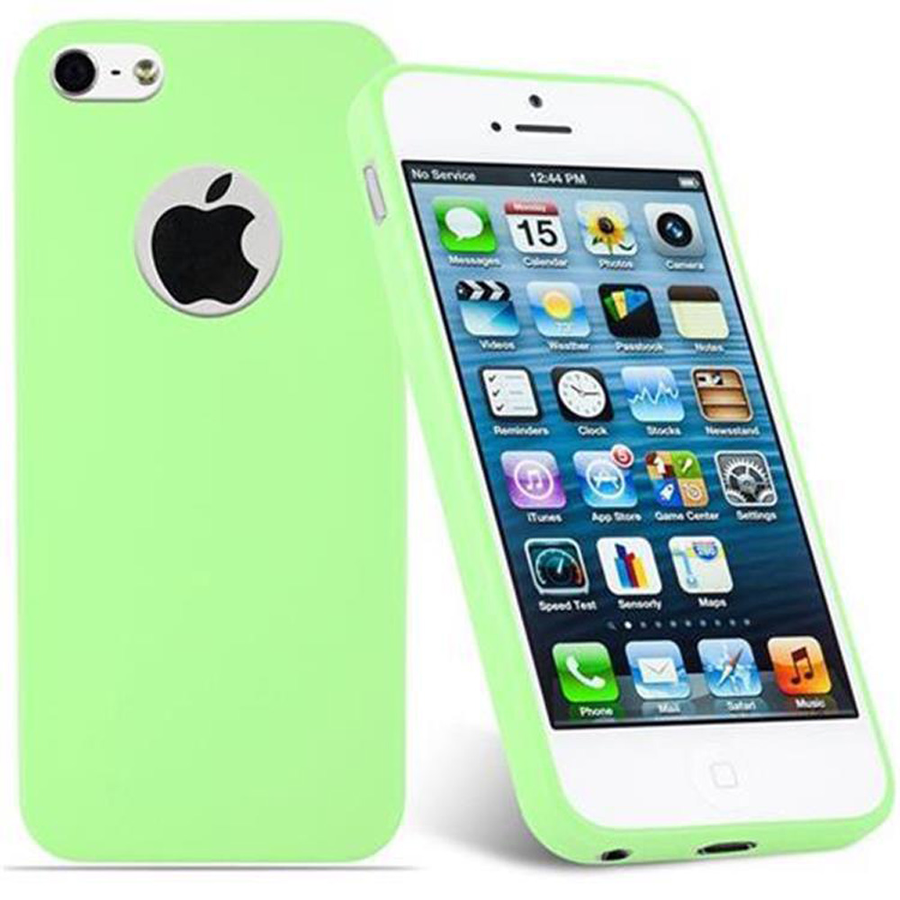 Funda verde y iPhone blanco. Pantalla iPhone muestra iconos. Funda verde con logo Apple.