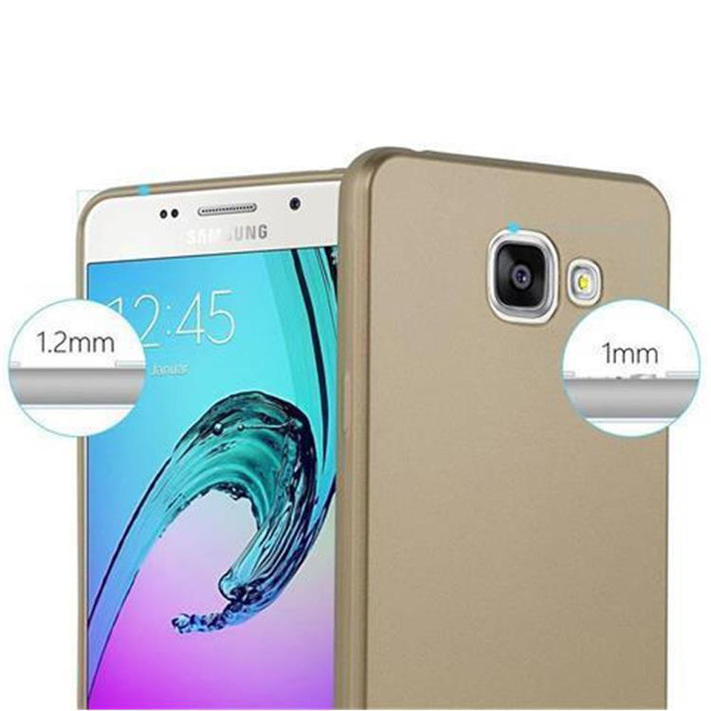 Goldene Handyhülle mit dem Telefon links. Weißer Hintergrund.