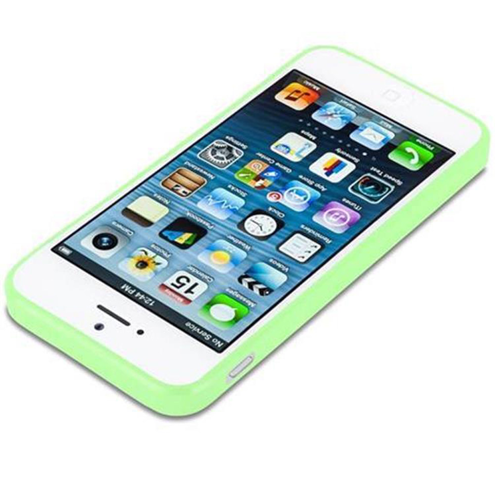 Teléfono blanco en una funda verde. El teléfono es blanco con iconos en la pantalla. Texto: Sin servicio. La funda tiene un borde.
