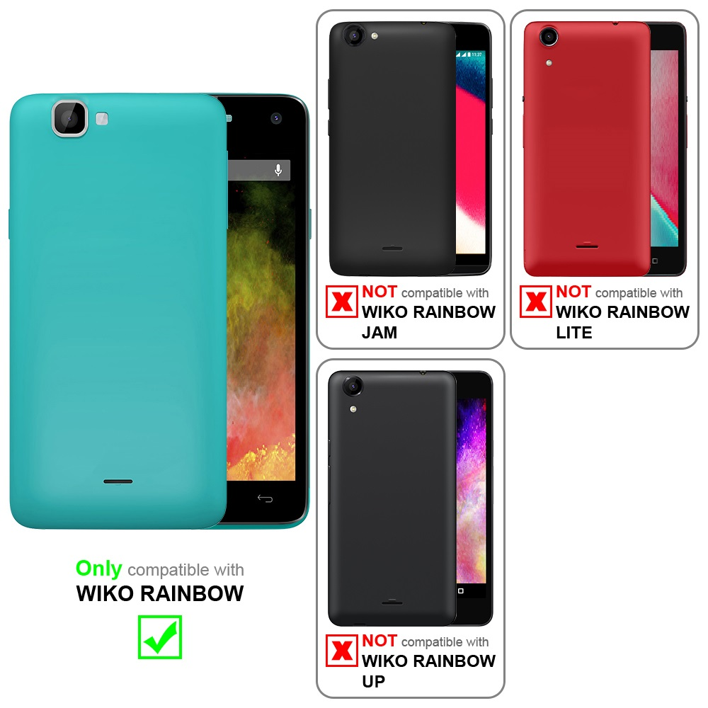 Tre telefoni, uno turchese, due neri. Il testo indica che il turchese è compatibile solo con Wiko Rainbow.