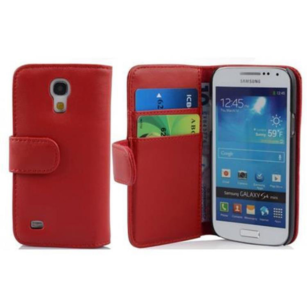 Rote Brieftasche mit Telefon darin. Der Telefonbildschirm zeigt die Zeit und das Wetter an.