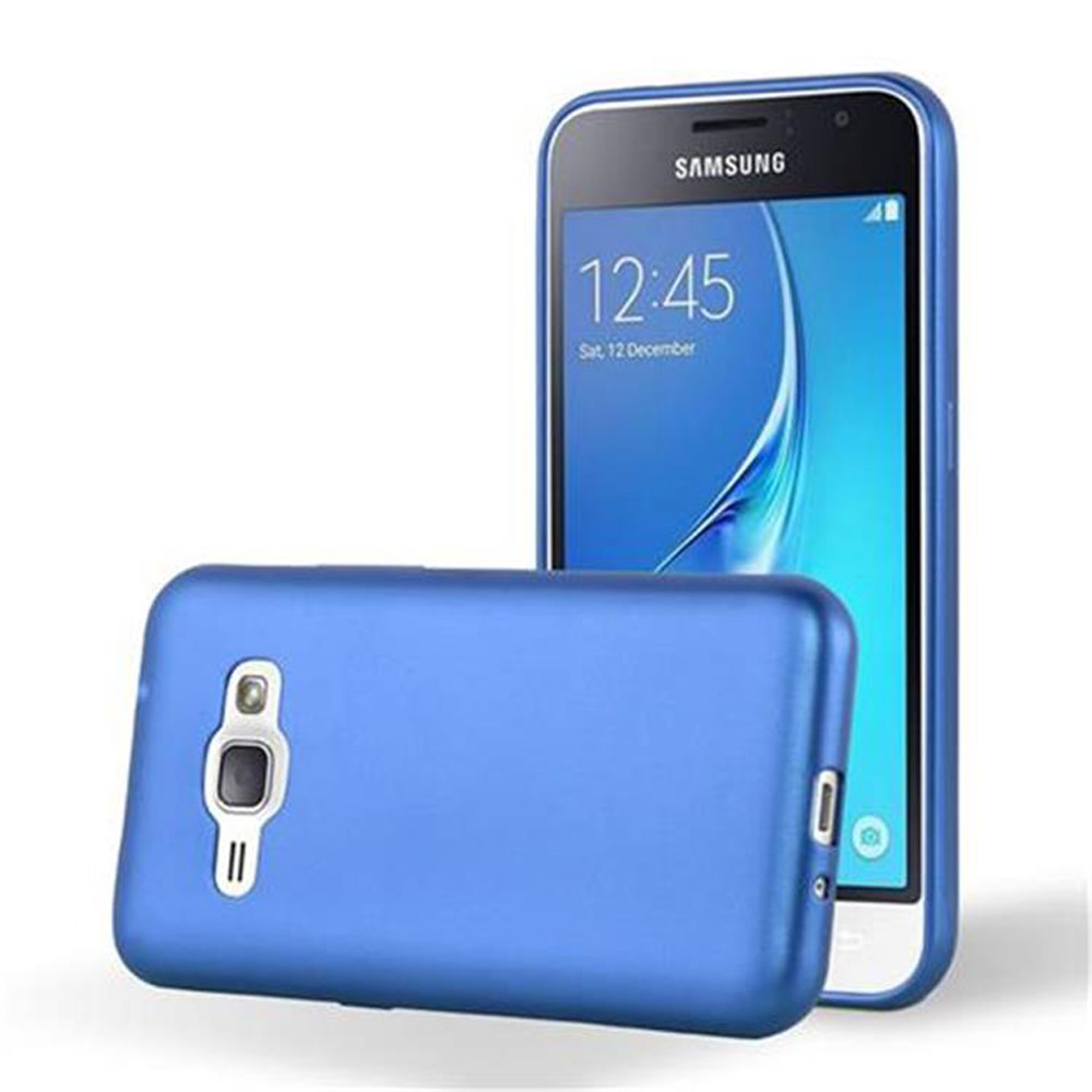 Funda de teléfono azul con un teléfono dentro. El teléfono es blanco y la pantalla se ve.