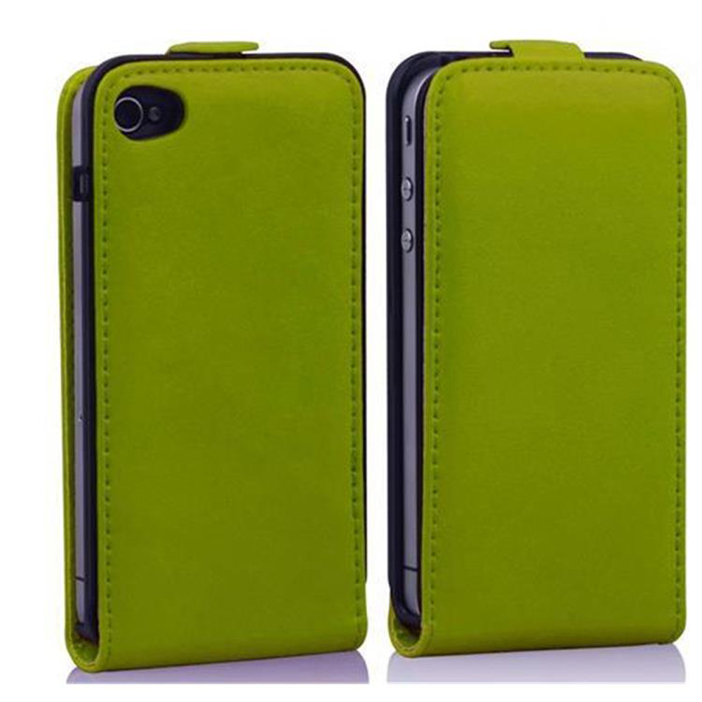 Due custodie verdi per telefono, una aperta e una chiusa. Le custodie sono di colore verde brillante con rifiniture nere.
