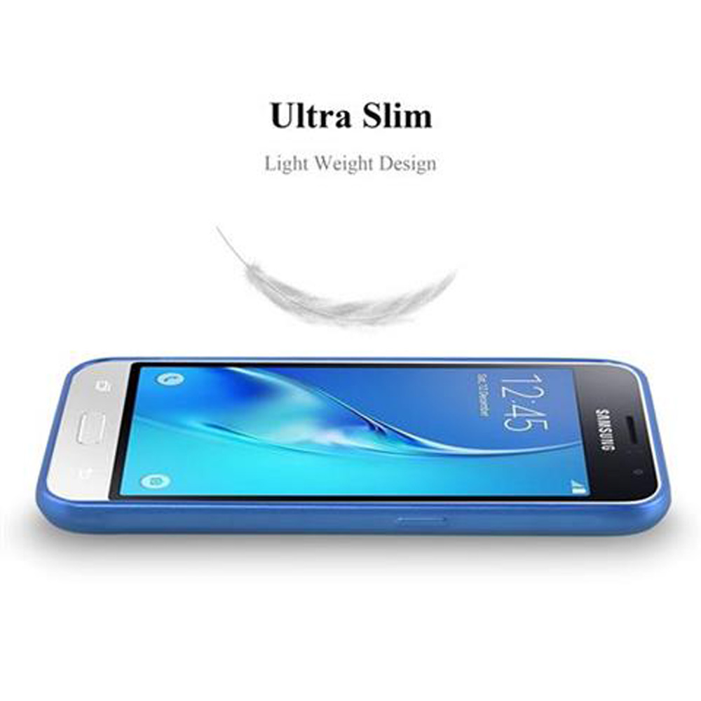 Una funda azul para teléfono con un teléfono dentro, sobre un fondo blanco. Texto 'Ultra Slim' y una pluma.