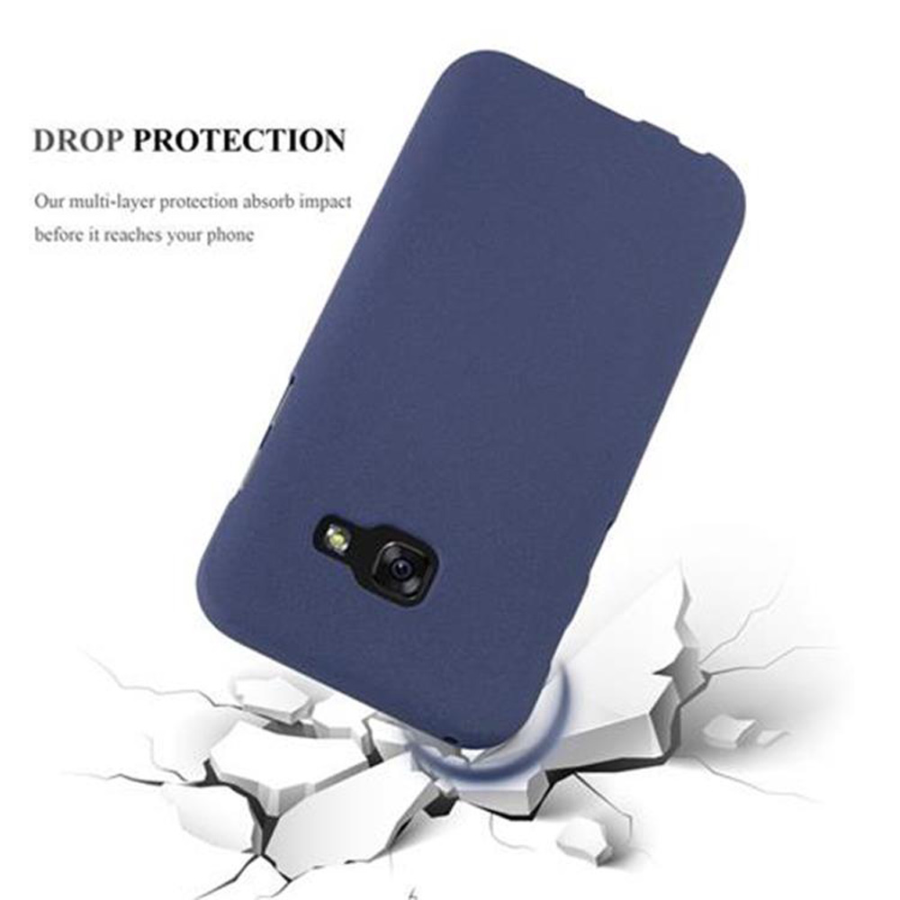 Una custodia blu per telefono, con un telefono all'interno, appoggiata su una superficie con crepe, che illustra la protezione dalle cadute.