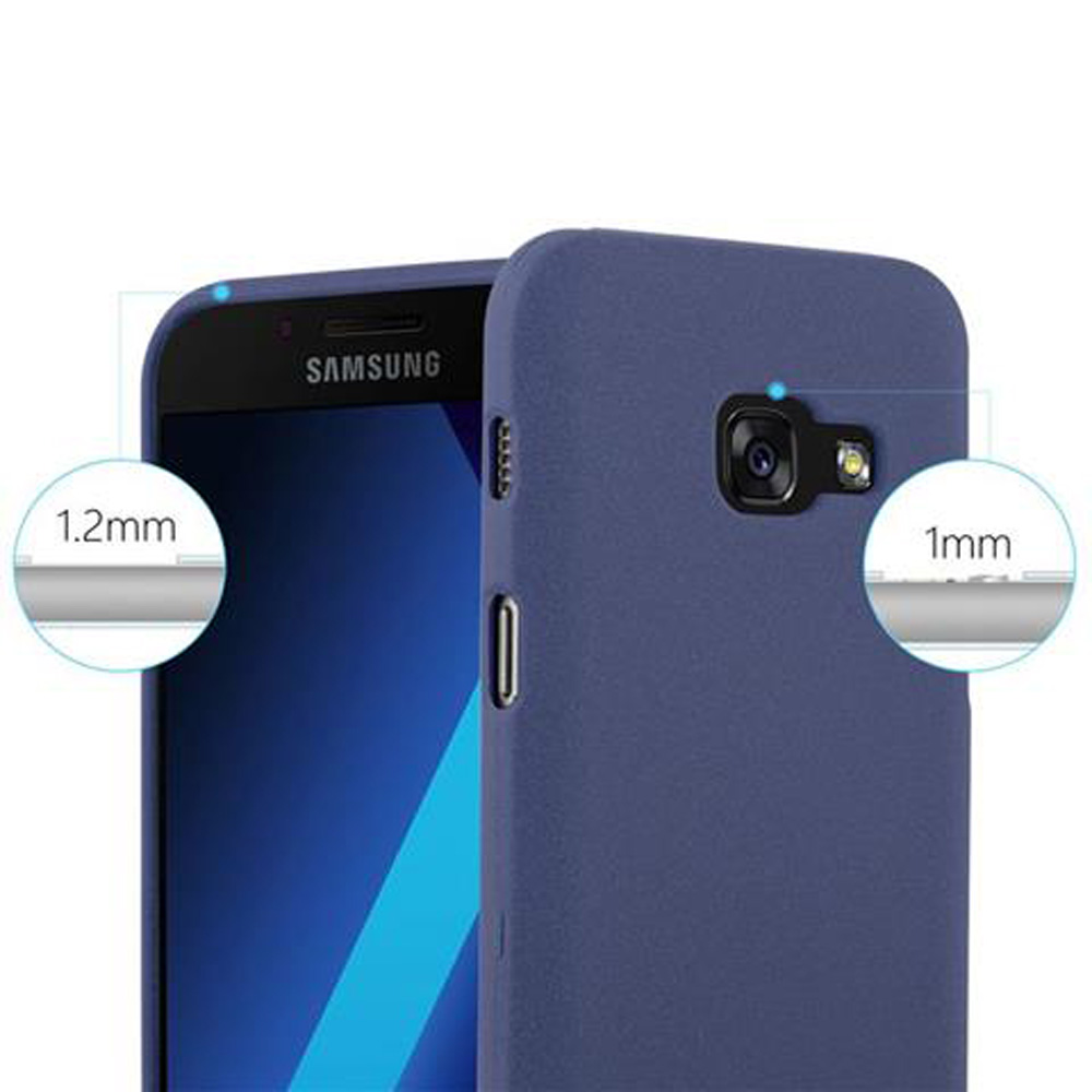 Una custodia blu per telefono con un telefono all'interno, che mostra il lato e il retro.