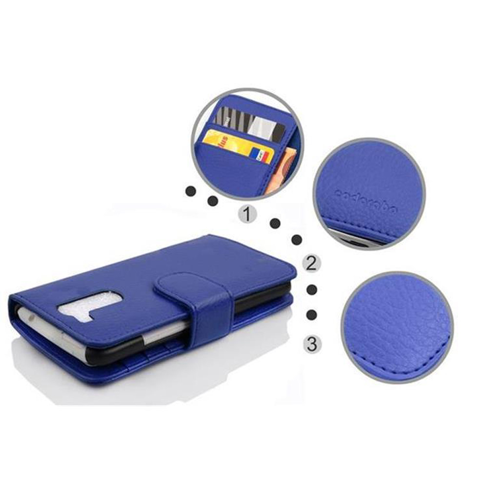 Custodia per telefono blu aperta, con un telefono all'interno. Testo e dettagli della custodia evidenziati. Sfondo bianco.