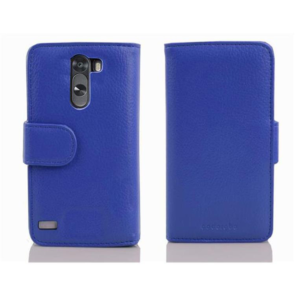 Due custodie blu per telefono, aperte e chiuse. La custodia aperta mostra la fotocamera del telefono. Le custodie sono su una superficie bianca.
