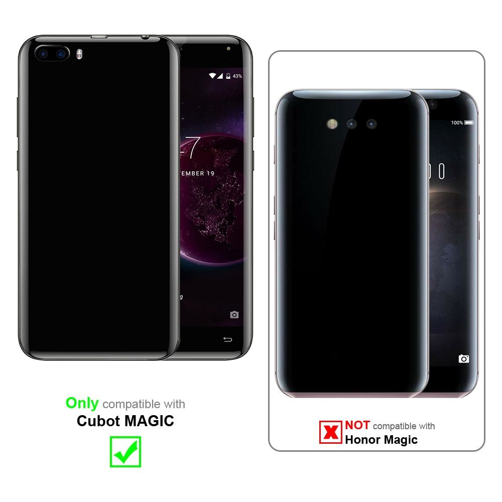 Due smartphone neri, uno con custodia, testo indica compatibilità Cubot MAGIC, non Honor Magic.