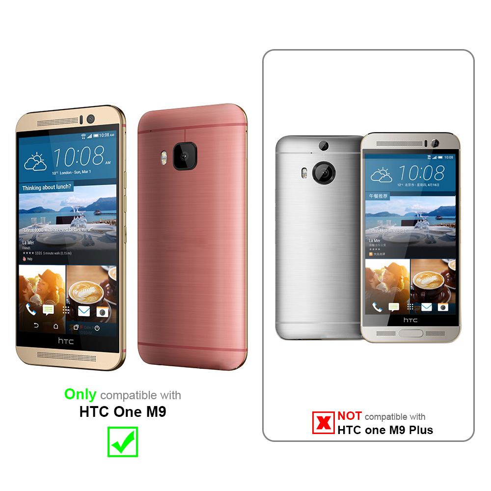 Dos teléfonos y una funda. Texto indica compatibilidad con HTC One M9, no M9 Plus.