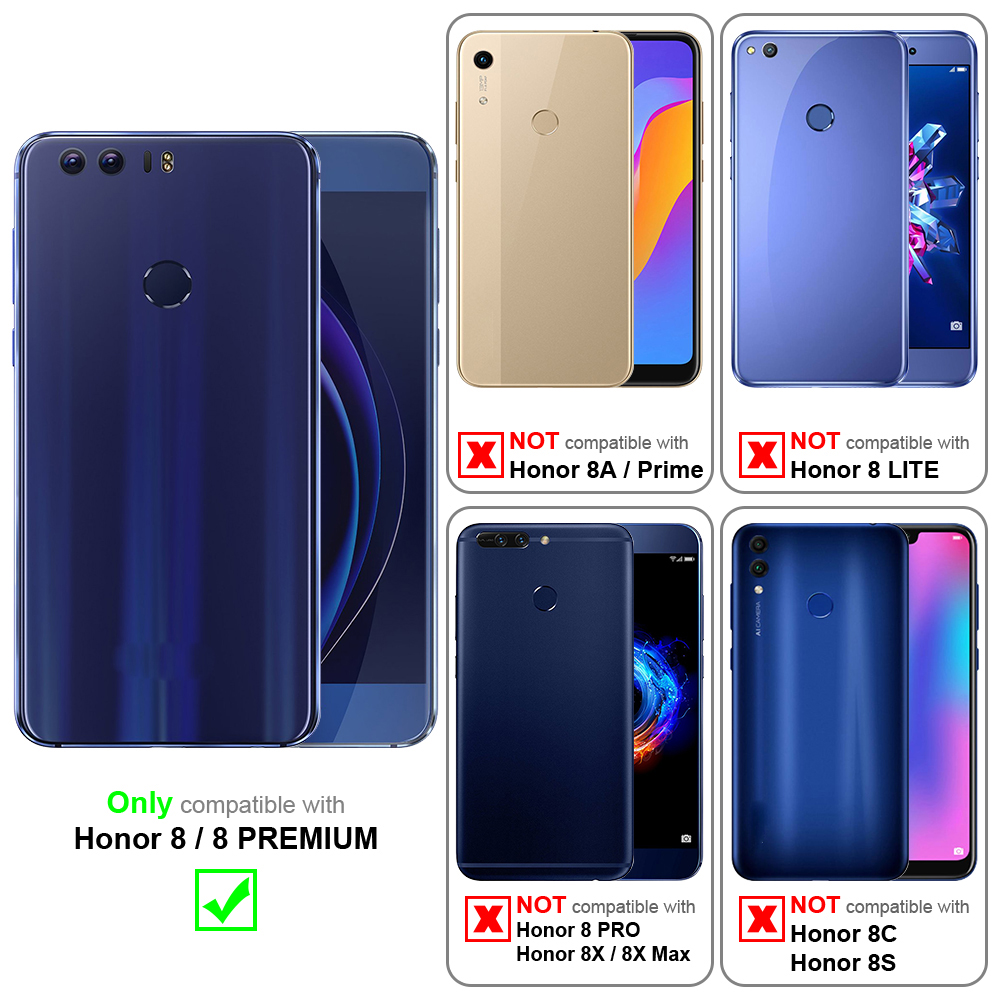 Custodie per telefono: compatibili con Honor 8/8 Premium. Mostra diversi modelli incompatibili. Il testo indica la compatibilità.