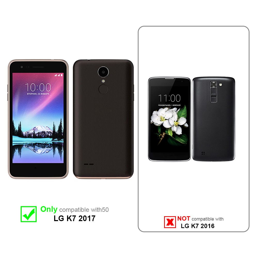 Se muestran dos teléfonos. Uno es compatible, el otro no. Texto: Solo compatible con LG K7 2017.