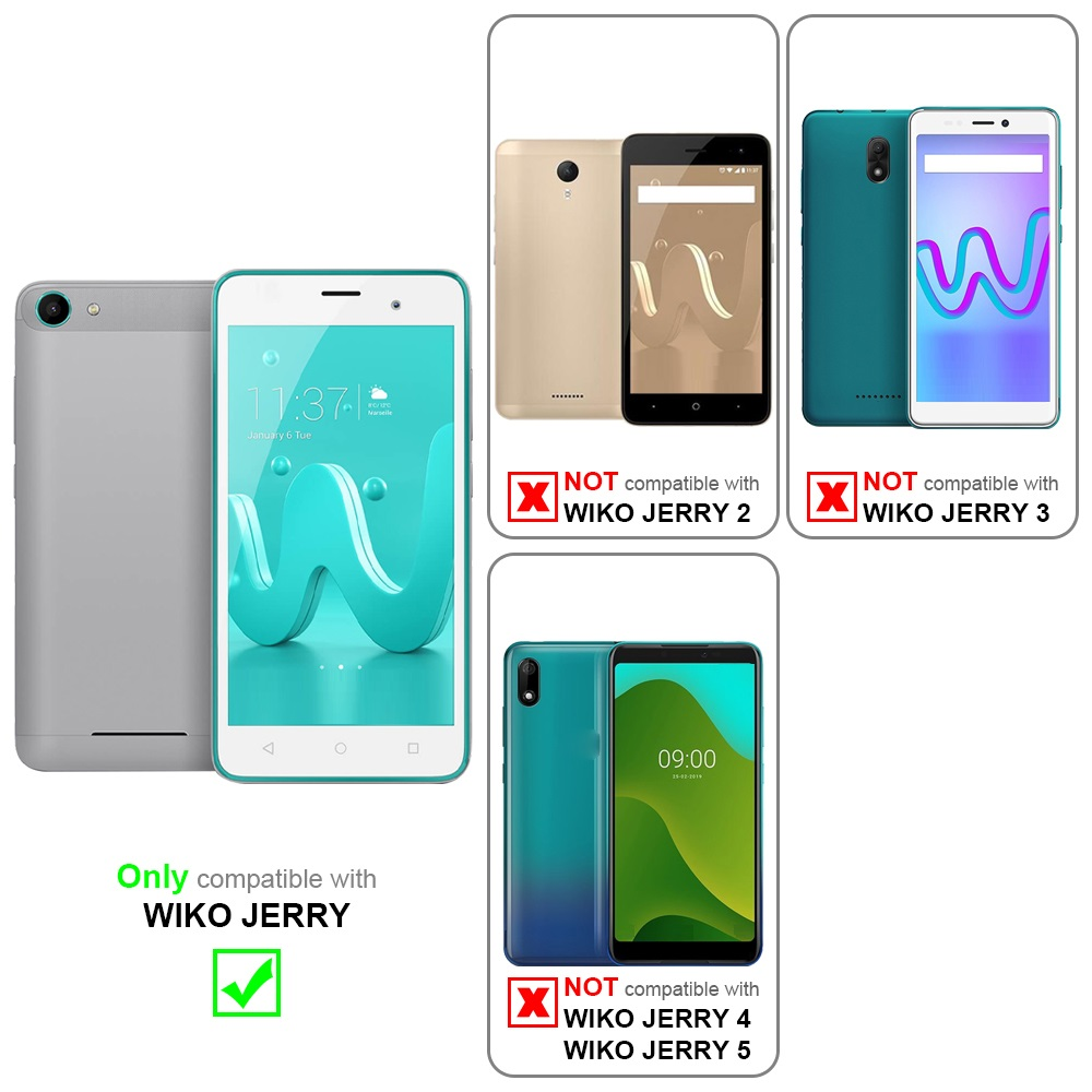 Telefonhüllen-Kompatibilitätstabelle. Kompatibel mit Wiko Jerry. Nicht kompatibel mit Jerry 2, 3, 4 oder 5.