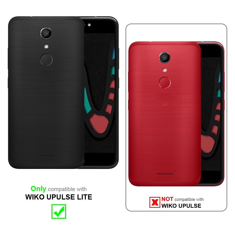 Zwei Telefone, schwarze und rote Hüllen. Text zeigt Kompatibilität nur mit WIKO UPULSE LITE an.