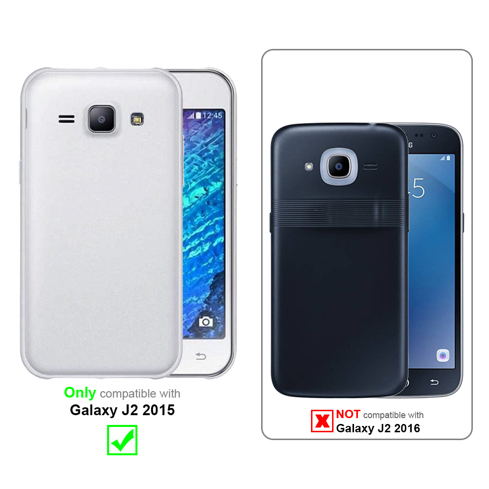 Due telefoni con custodie. Uno è bianco e compatibile, l'altro è nero e non compatibile con il Galaxy J2 2016.