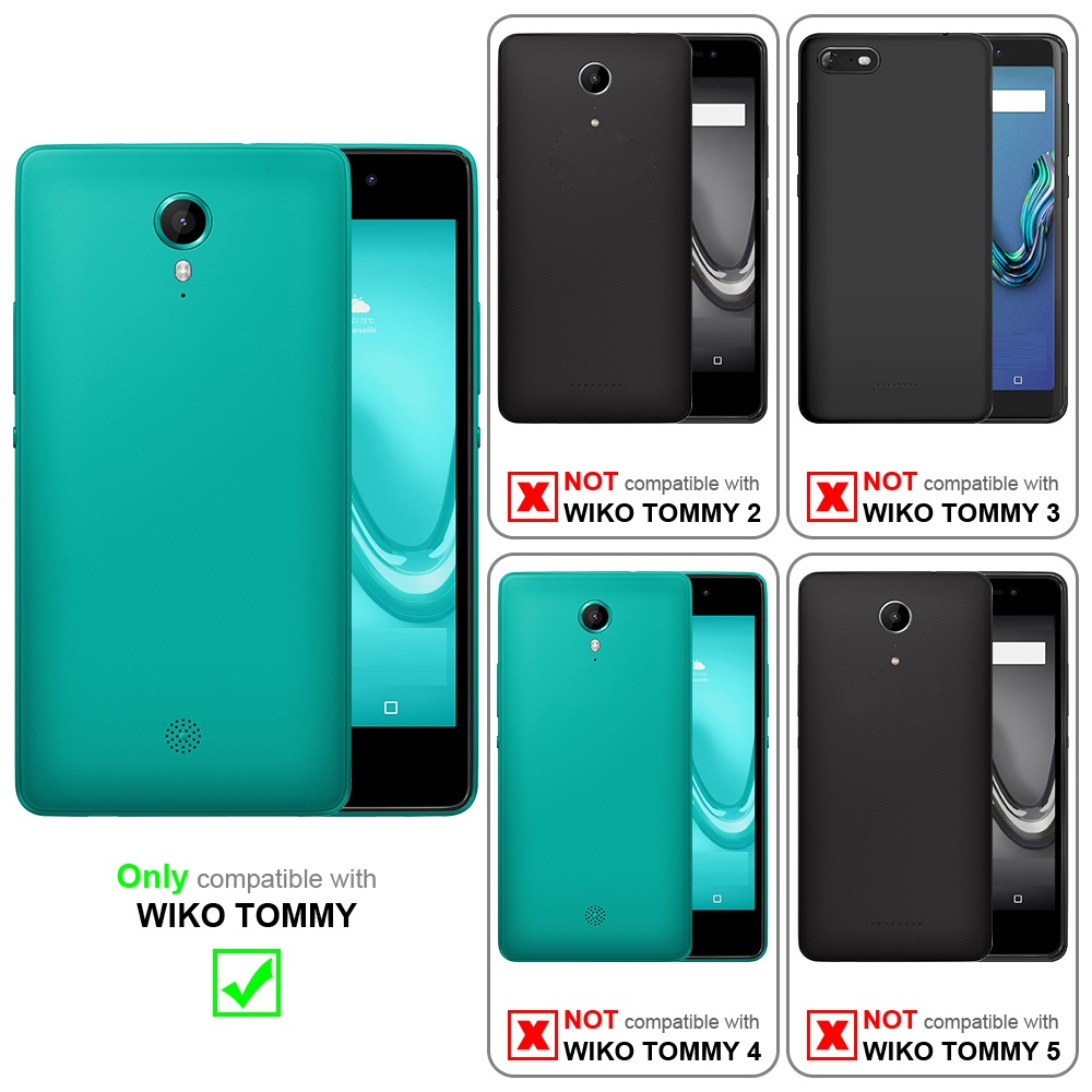Telefono in una custodia verde acqua. I dettagli di compatibilità sono mostrati. I telefoni non compatibili sono mostrati con una X.