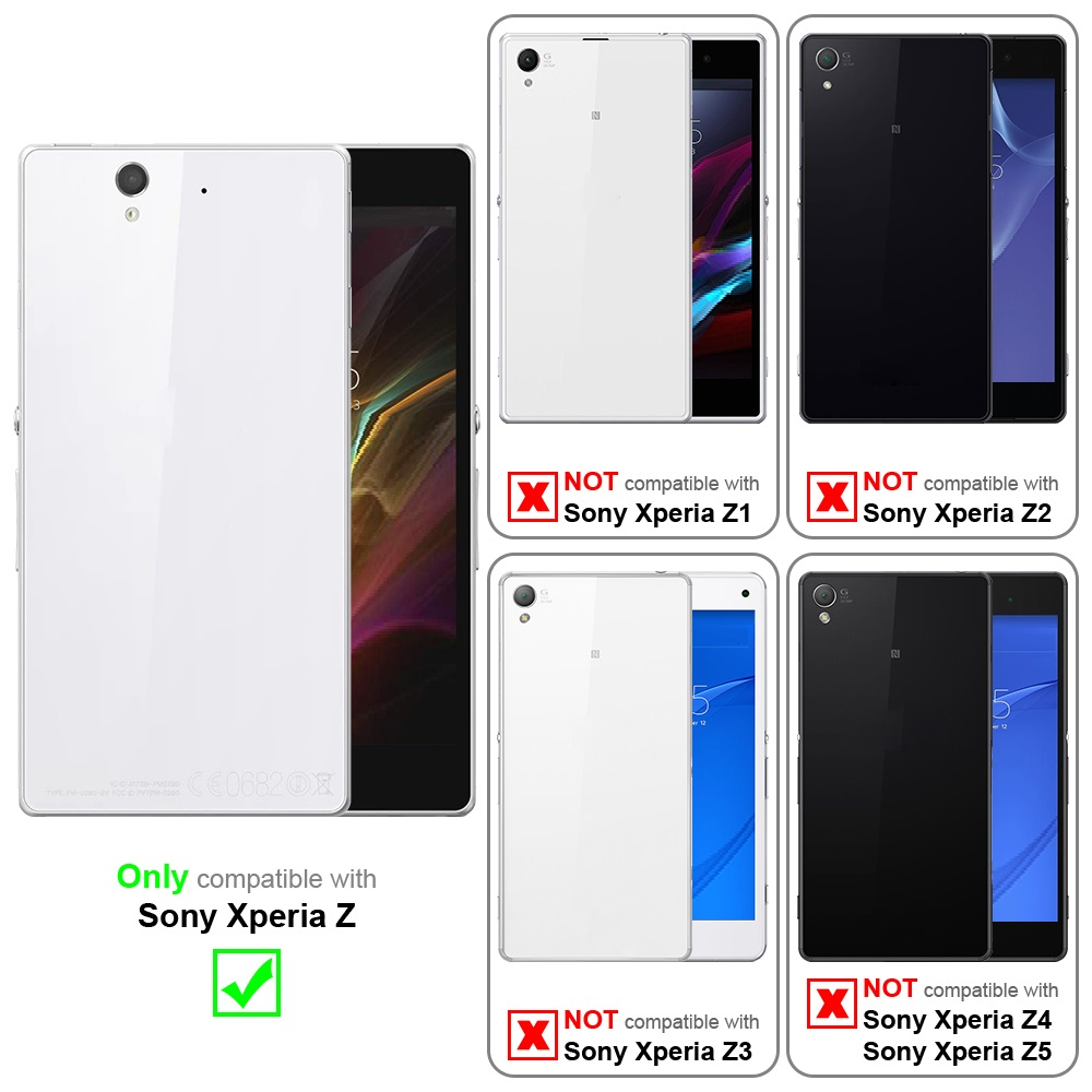 Imágenes que muestran fundas para teléfonos: una para Sony Xperia Z, no compatible con Z1, Z2, Z3, Z4 o Z5.
