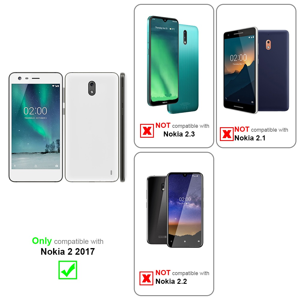 Tre telefoni con custodie, compatibili con Nokia 2017. Testo che indica la compatibilità e non.