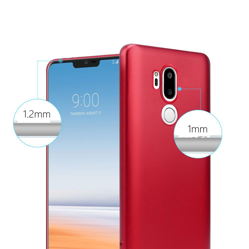 Ein Smartphone in einer roten Hülle, mit weißem Hintergrund.