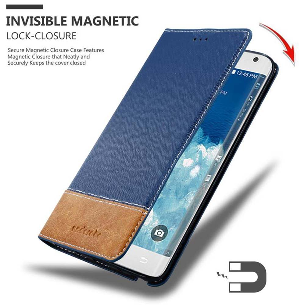 Blaue Handyhülle mit Magnetverschluss. Telefon innen, das den Bildschirm zeigt.