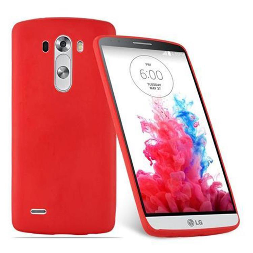 Zwei rote Handyhüllen mit einem Telefon. Das Telefon hat einen weißen Bildschirm. Eine Hülle befindet sich auf der Rückseite des Telefons.