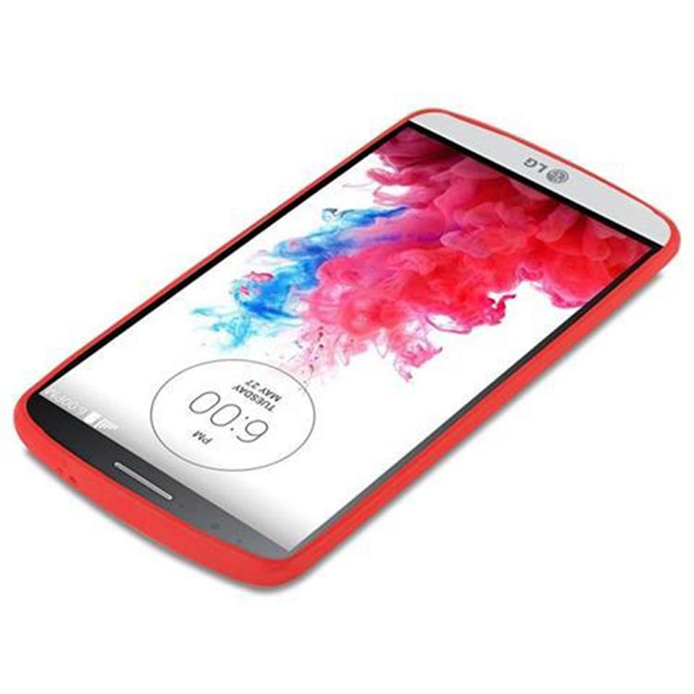 Ein rotes Telefon in roter Hülle. Der Bildschirm zeigt ein farbenfrohes abstraktes Bild und die Uhrzeit.