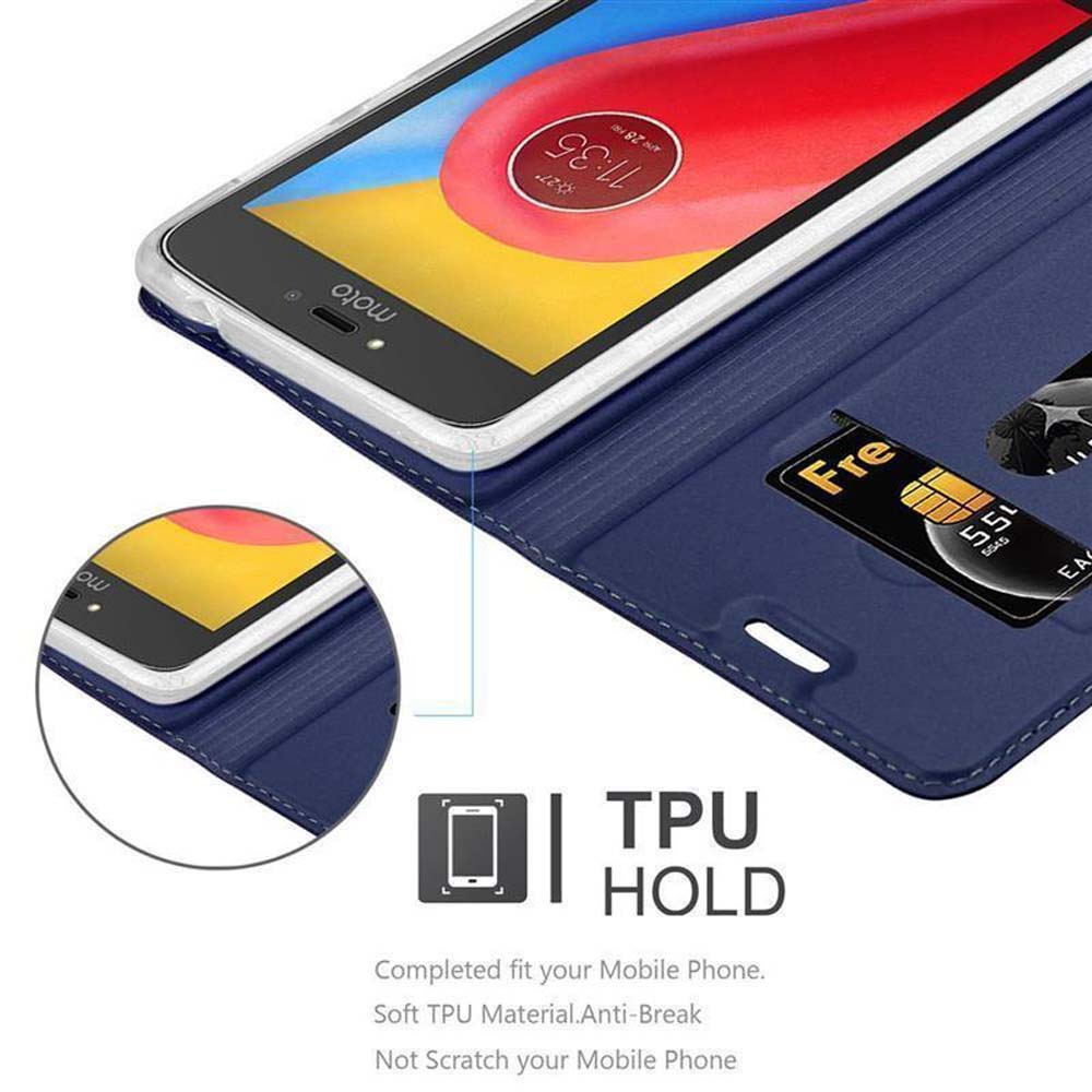 Un telefono in una custodia blu con una carta di credito. La custodia dice TPU HOLD e ha dettagli.