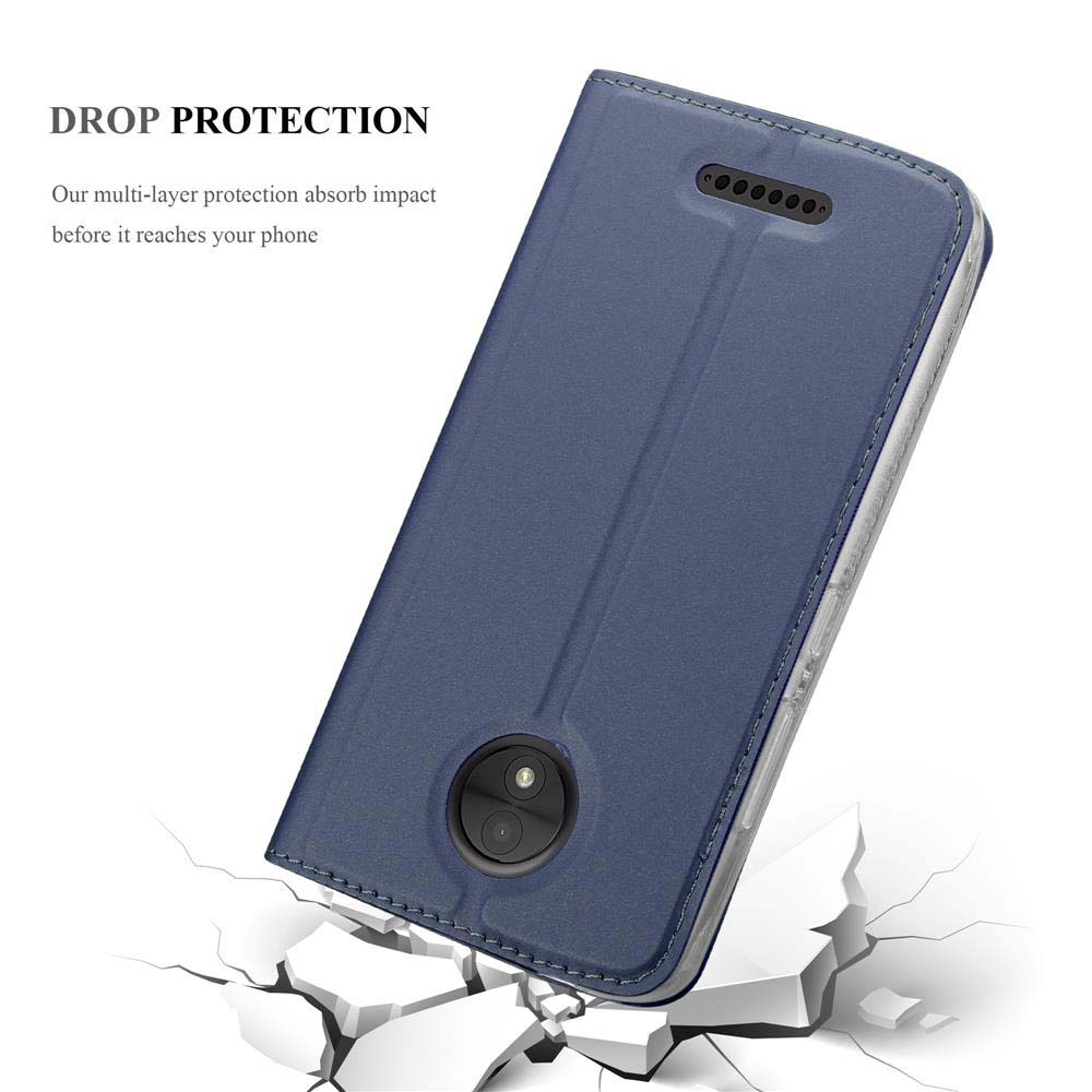 Una custodia blu per telefono che cade su una superficie che si rompe. Progettata per la protezione dalle cadute.