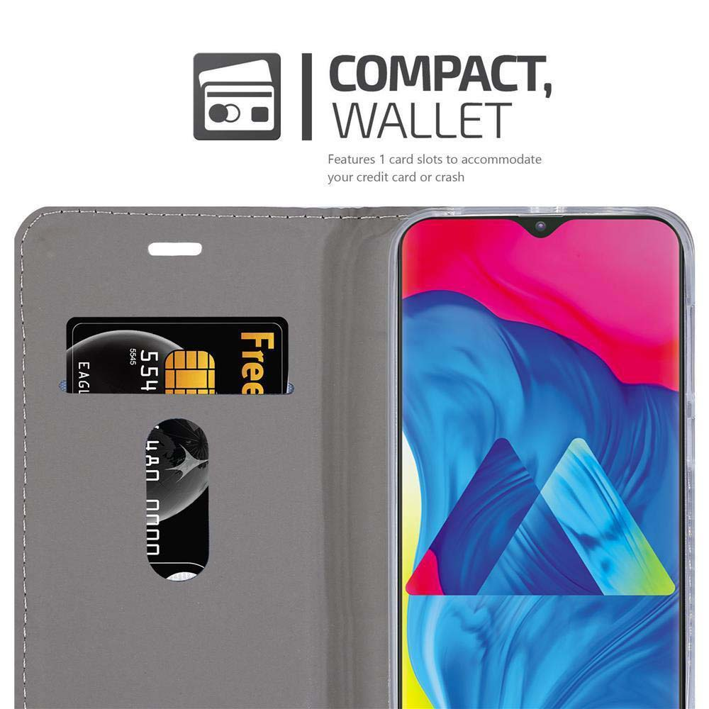 Telefono in una custodia aperta con carta di credito. Testo: Compatto, portafoglio. Dispone di 1 slot per carte per la tua carta di credito.