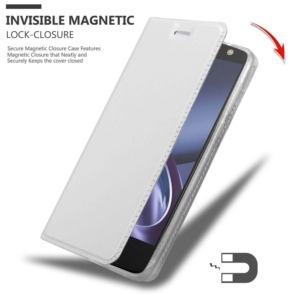 Custodia bianca per telefono aperta, con telefono all'interno. Il testo Chiusura magnetica invisibile è visibile.