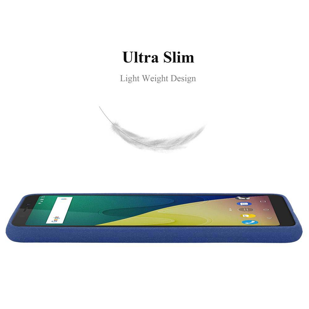 Una custodia blu con un telefono all'interno. Sopra il telefono c'è un'illustrazione di una piuma.